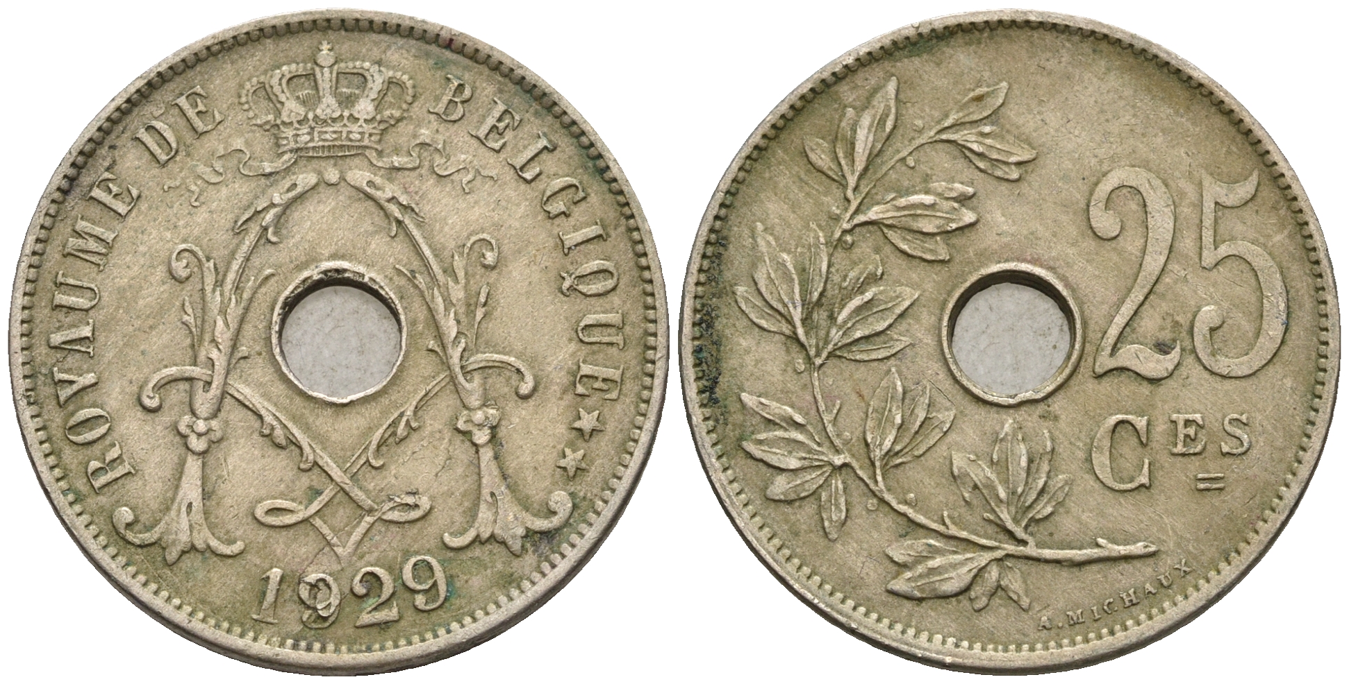 Бельгия 25 сантимов 1929 Belgique KM 68.1 медно-никель 259-1026