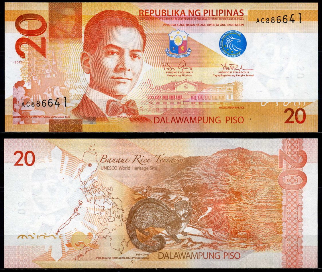 Филиппины 20 писо 2013 Мануэль Кесон, signatures: Aquino III & Tetangco Pick 206a бумага UNC (пресс) 8602-48-2-1