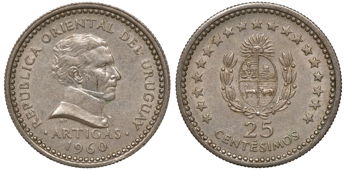 Уругвай 25 сентесимо 1960 KM 40 медно-никель 4169-1018