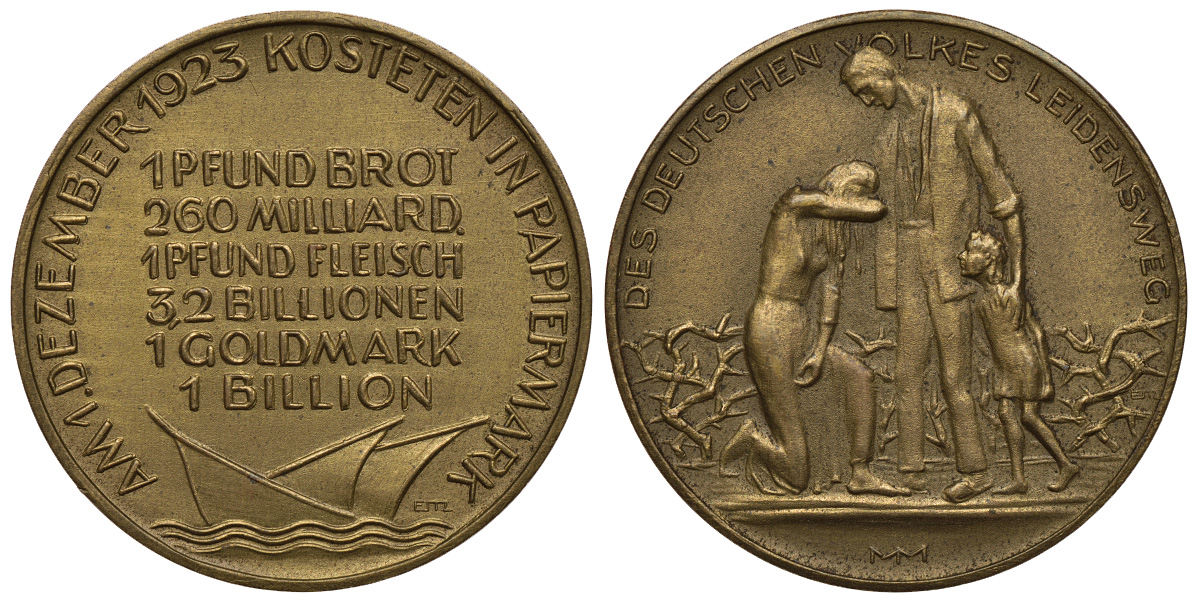 Германия медаль 1923 гиперинфляция, цены на продукты 1 ого декабря в Саксонии, 9,65 гр, 32 мм бронза 413-4432