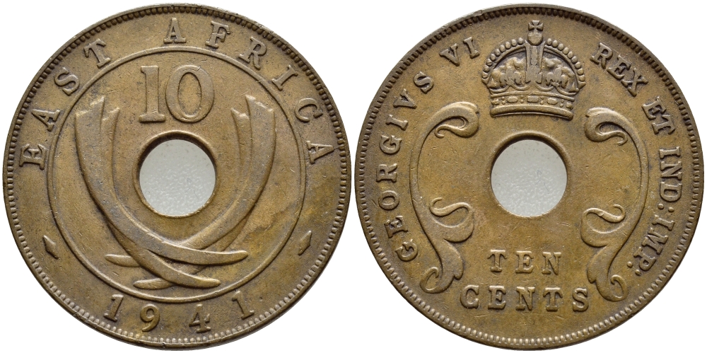 Британская Восточная Африка 10 центов 1941 I, Георг VI (1936-1952) KM 26.1 бронза 4394-1114