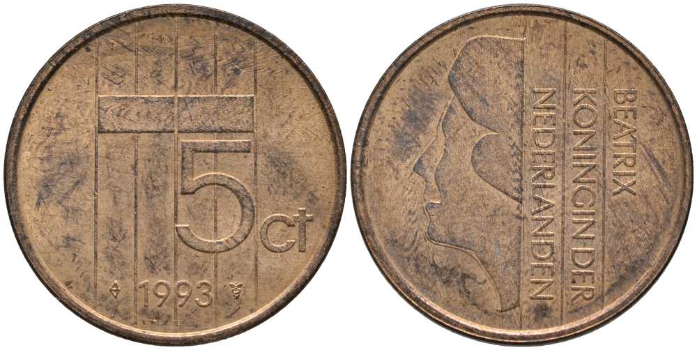НИДЕРЛАНДЫ 5 ЦЕНТОВ 1993 БЕАТРИКС KM 202 бронза 113-657