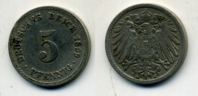 ГЕРМАНИЯ 5 ПФЕННИГОВ 1899 A, KM 11, J. 12 медно-никель 58-425