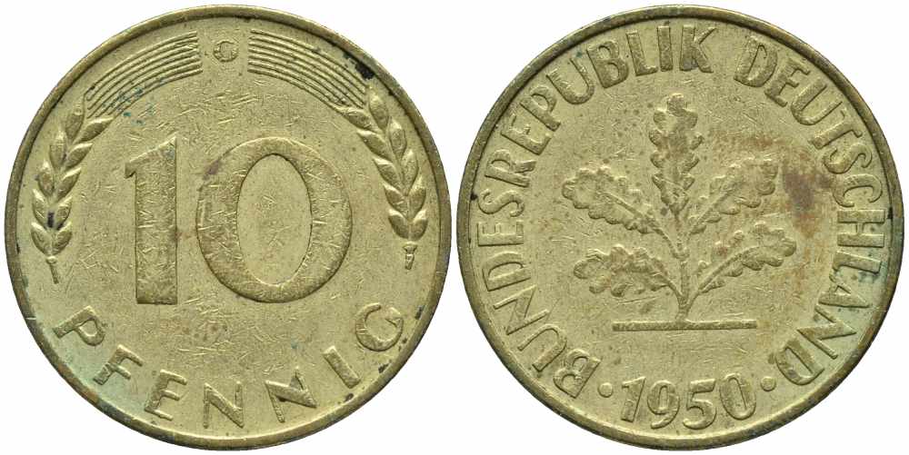 ФРГ 10 ПФЕННИГОВ 1950 G KM 108, J. 383 сталь плакированная латунью 113-135