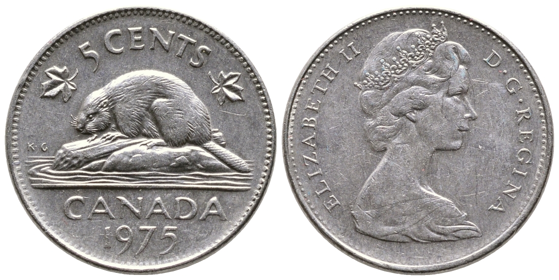Канада 5 центов 1975 Елизавета II (1952-2022), бобр KM 60.1 никель 4364-2436