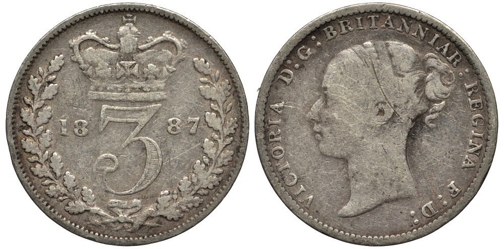 Великобритания 3 пенса 1887 Виктория (1837-1901) KM 730, Spink 3914D серебро 4528-363