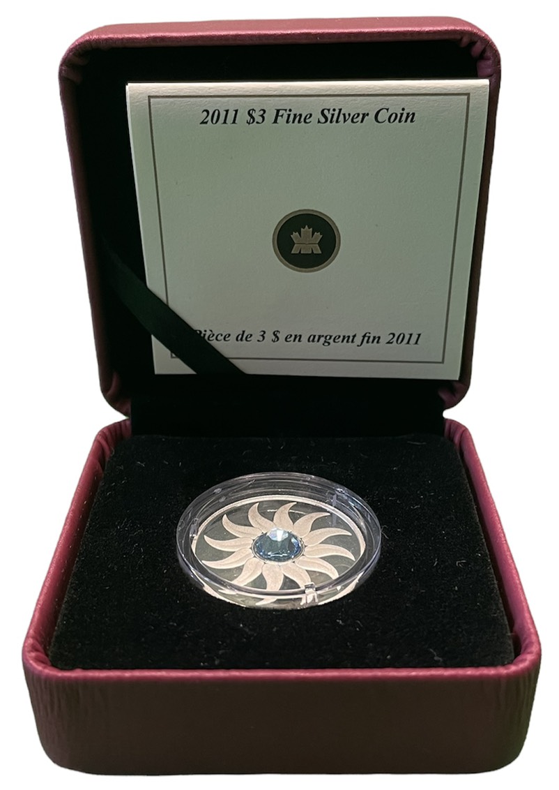 Канада 3 доллара 2011 на день рождения, март, камень месяца аквамарин KM NEW серебро PROOF 4-3-4-28