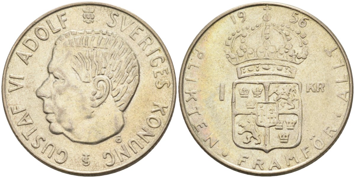Швеция 1 крона 1956 TS, Густав VI Адольф (1950-1973) KM 826 серебро 183-1247