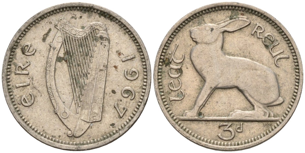 Ирландия 3 пенса 1967 заяц KM 12a медно-никель 4596-1113