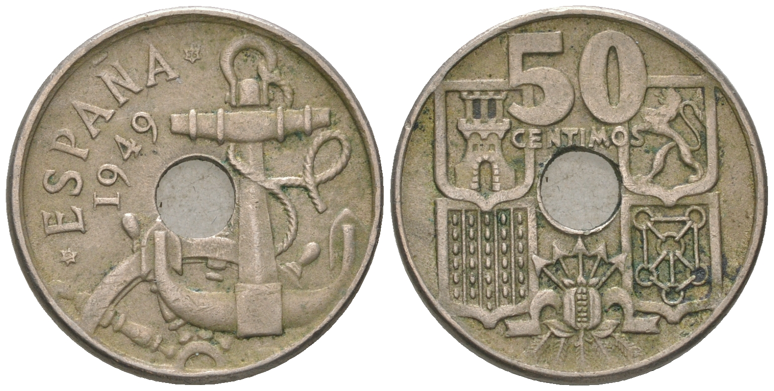 Испания 50 сентимо 1949 (56) Франко (1939-1975), морская атрибутика KM 777 медно-никель 4385-615