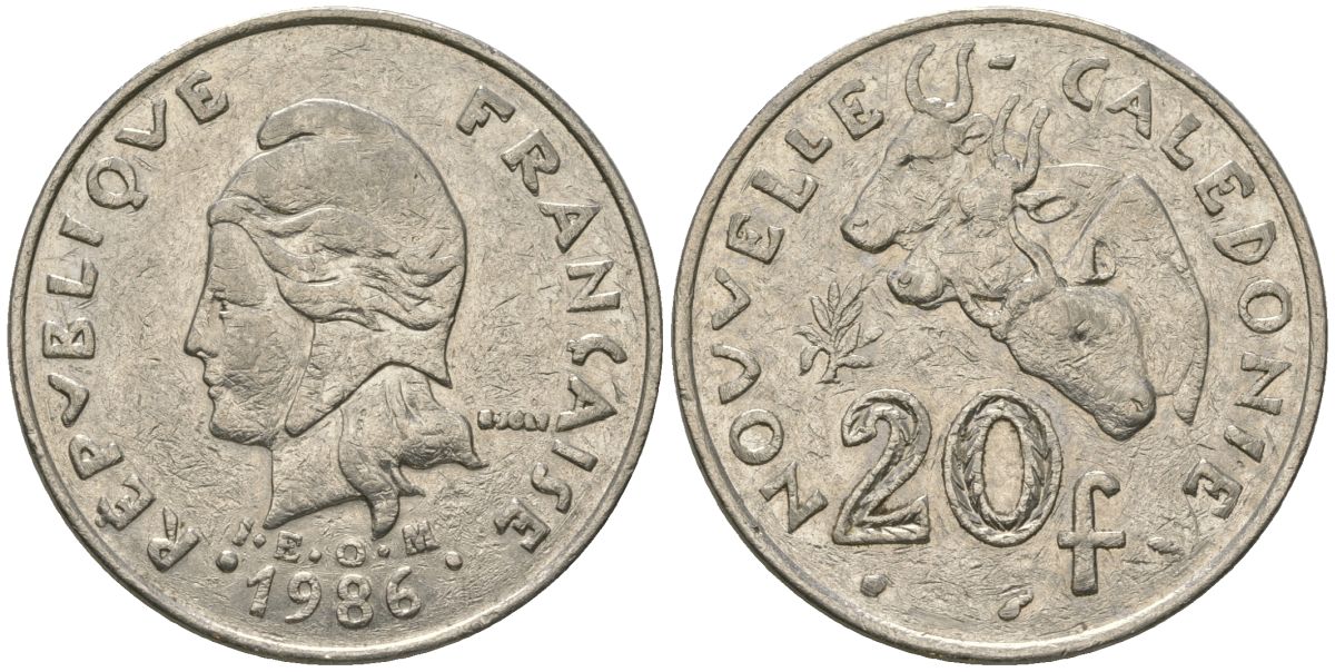 Французская Новая Каледония 20 франков 1986 три быка, (IEOM) KM 12, Schoen 14, Lec 112 никель 4680-915