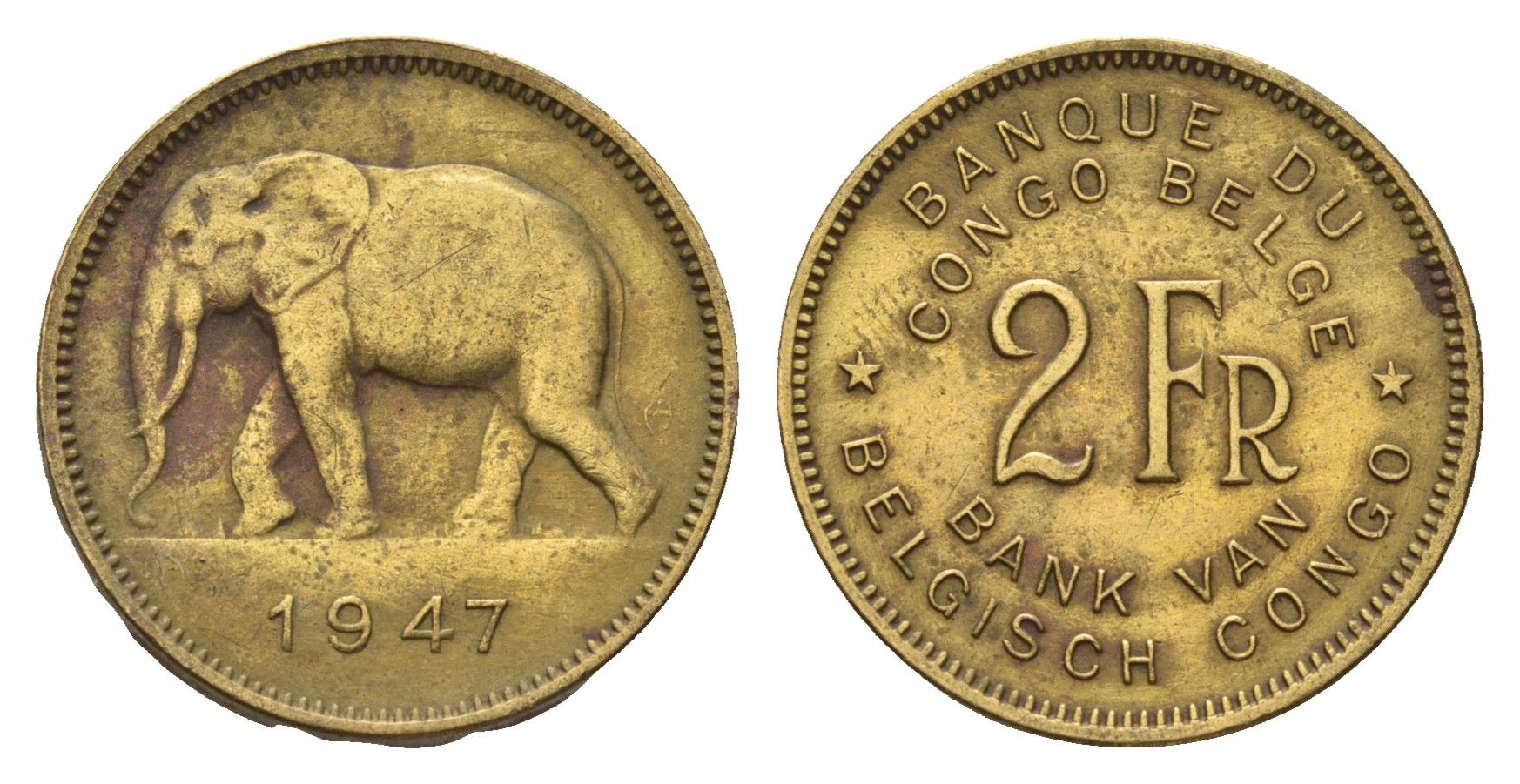 Бельгийское Конго 2 франка 1947 слон, Леопольд III KM 28 латунь 4670-1233