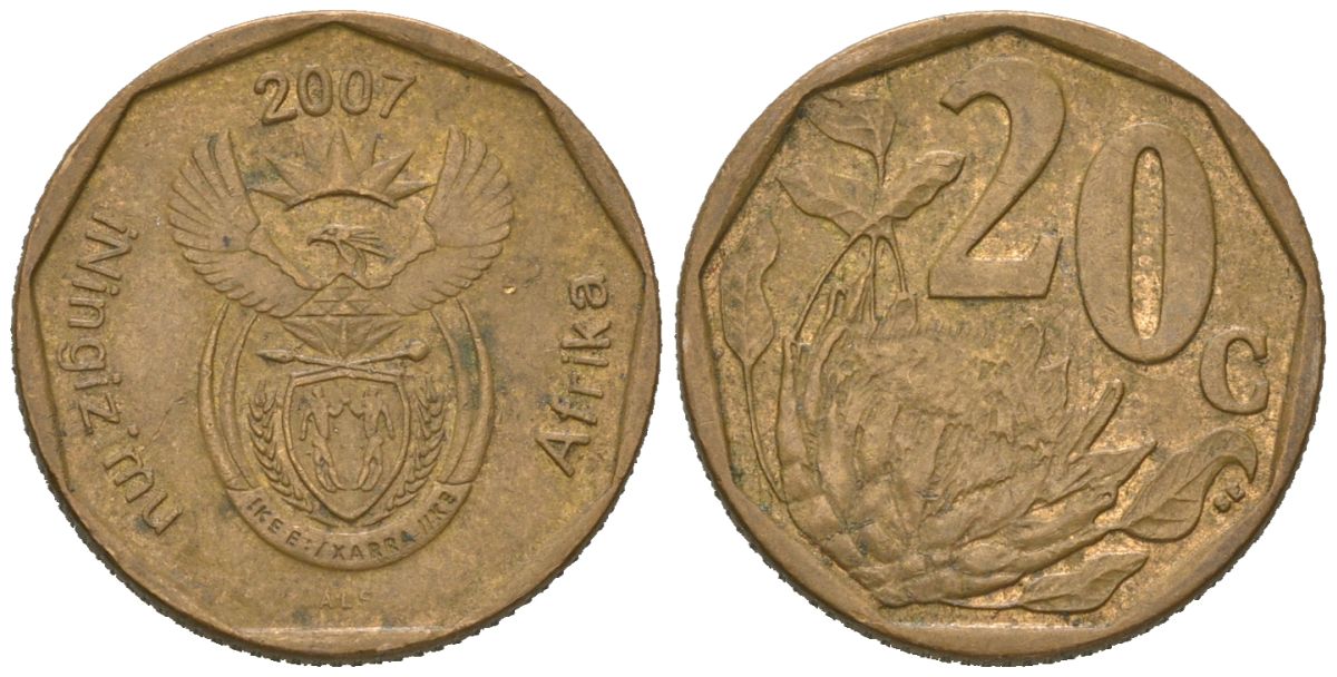 ЮАР 20 центов 2007 KM 342 сталь плакированная бронзой 4618-348