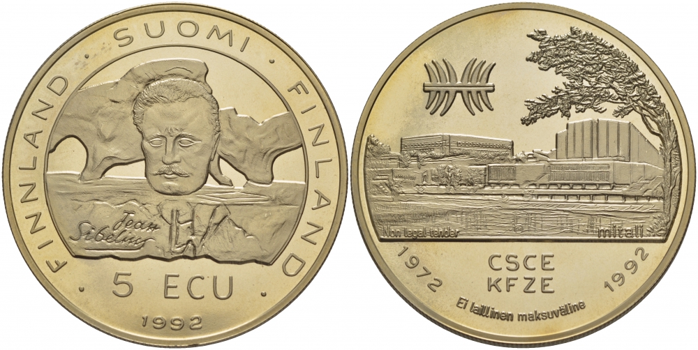 ФИНЛЯНДИЯ 5 ЭКЮ 1992 ЯН СИБЕЛИУС медно-никель UNC 01-149-22