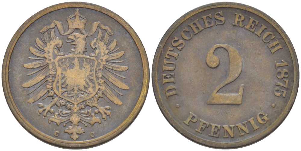 ГЕРМАНИЯ 2 ПФЕННИГА 1875 С, СТАРОГЕРБОВКА KM 2, J. 2, Weege 3 медь 212-521