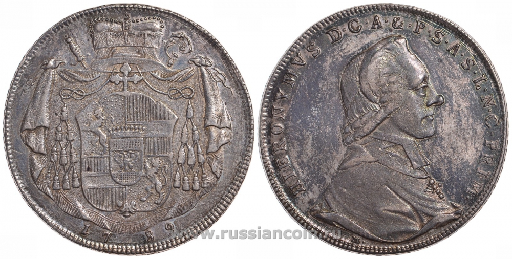 Австрия, Зальцбург 1 талер 1789 Иеронимус фон Коллоредо (1772-1812) Dav. 1265, Pr. 2443 серебро 00-000-00