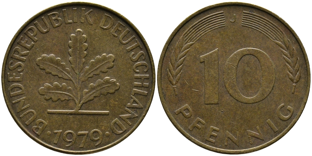 ФРГ 10 ПФЕННИГОВ 1979 J KM 108, J.383 сталь плакированная латунью 33-137