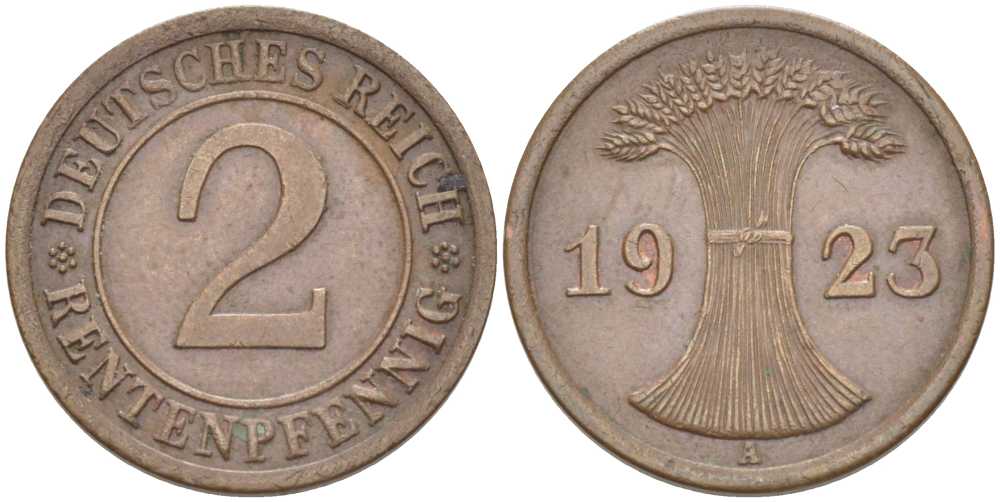 ГЕРМАНИЯ 2 РЕНТЕНПФЕННИГА 1923 A KM 31, J. 307 бронза 206-1155