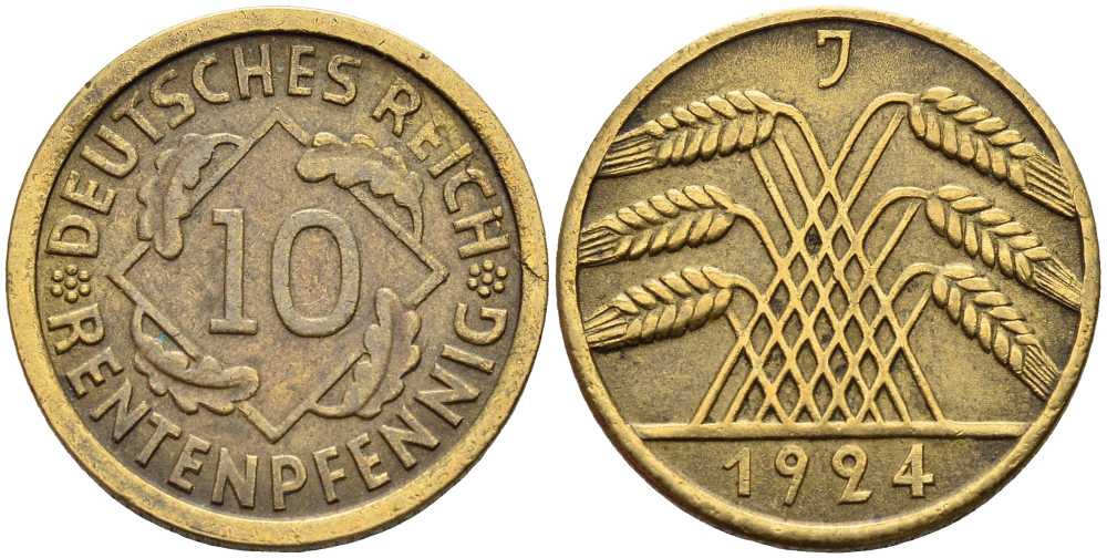 ГЕРМАНИЯ 10 РЕНТЕНПФЕННИГОВ 1924 J KM 33, J. 309 алюминиевая бронза 4401-356