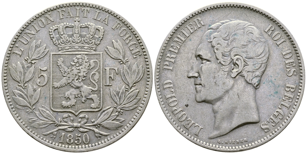 Бельгия 5 франков 1850 Леопольд I (1831-1865) KM 17 серебро    00-1067-9-33