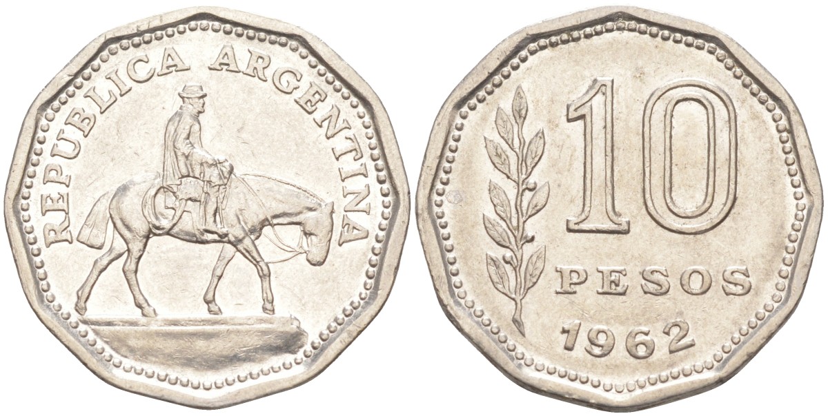 Аргентина 10 песо 1962 Гаучо KM 60 никелированная сталь 4529-626