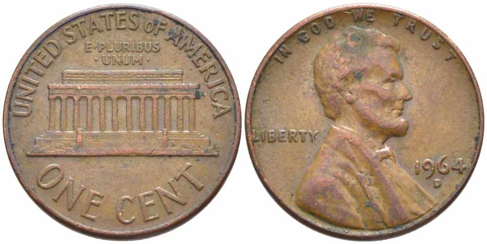 США 1 ЦЕНТ 1964 D, ЛИНКОЛЬН KM 201 медь цинк 112-416