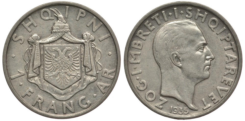 Албания 1 франга ари 1935 R, Ахмет Зогу I (1928-1939) KM 16 серебро 4127-1142