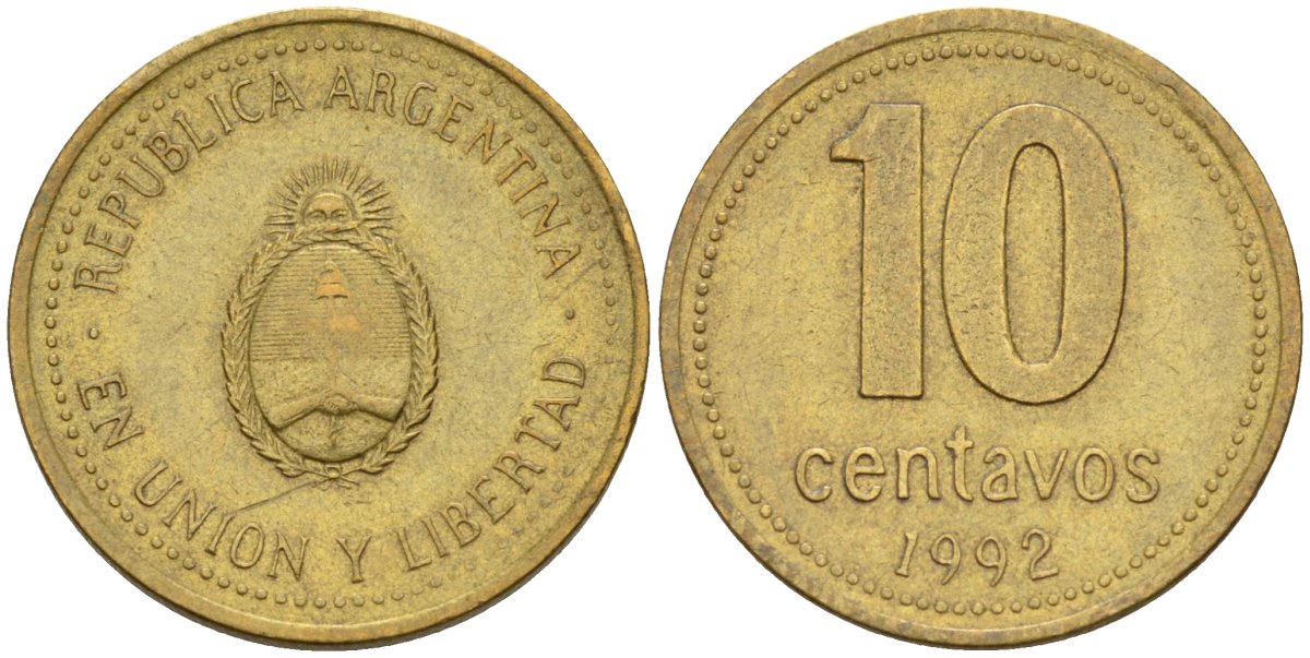 Аргентина 10 сентаво 1992 герб KM 107 алюминиевая бронза 4580-123