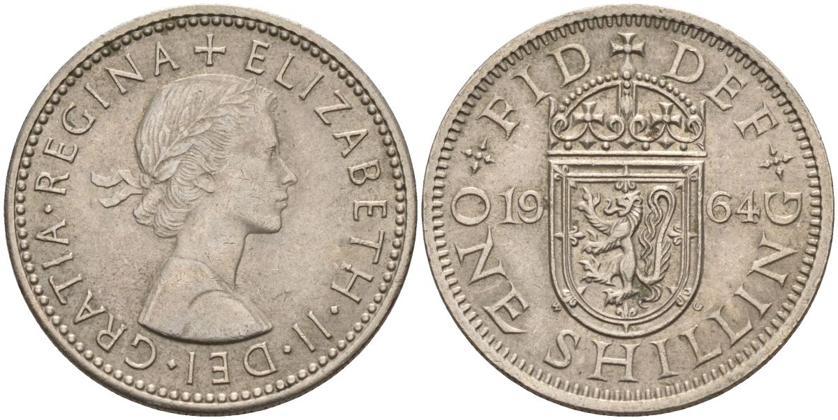 Великобритания 1 шиллинг 1964 Елизавета II (1952-2022), Шотландский герб KM 905, Spink 4148 медно-никель 4153-936