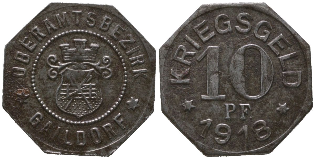 Гайльдорф (Вюртемберг) 10 пфеннигов 1918 Funck 149.2, Men05 8664.2, Men18 10784.2 железо 4601-1115