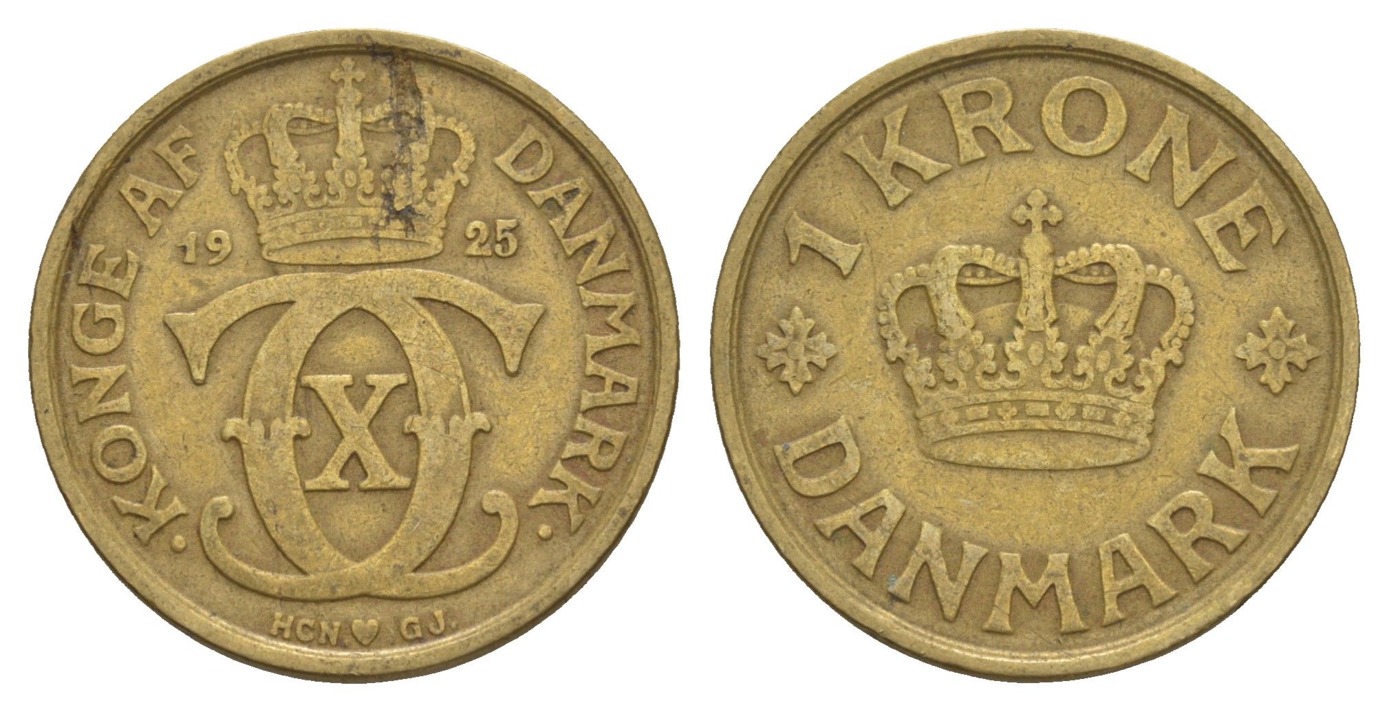 Дания 1 крона 1925 HCN, Кристиан X (1912-1947) KM 824 алюминиевая бронза 4657-327