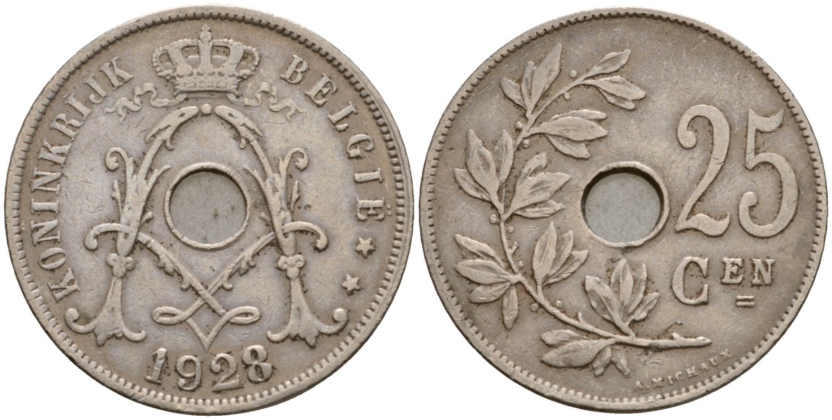 Бельгия 25 сантимов 1928 Belgie KM 69 медно-никель 33-1144