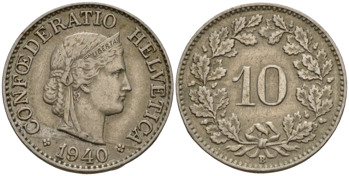 Швейцария 10 раппенов 1940 B KM 27 медно-никель 4189-344