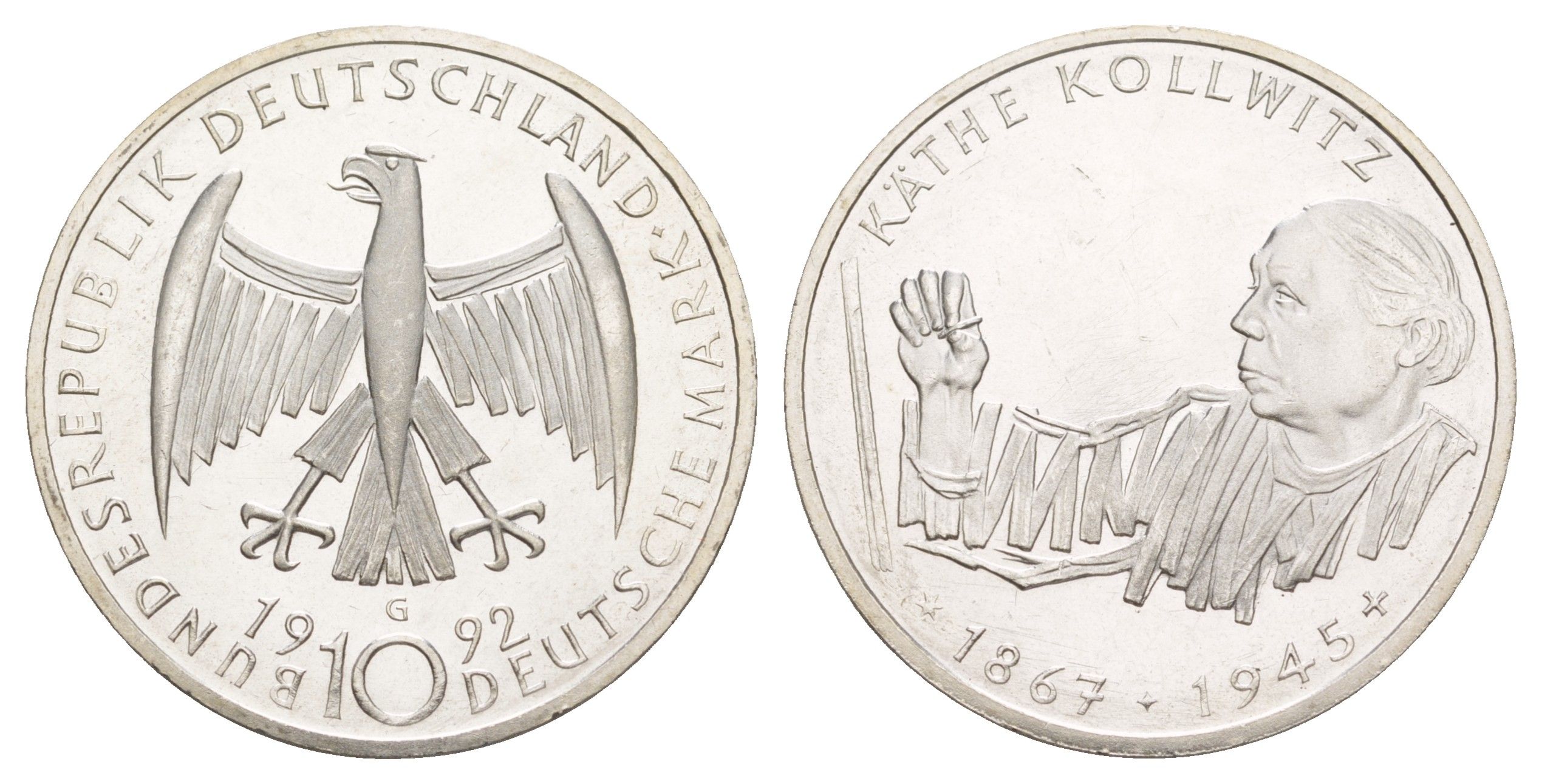 ФРГ 10 марок 1992 G, 125 лет со дня рождения Кете Кольвиц KM 178 серебро UNC 4634-1024