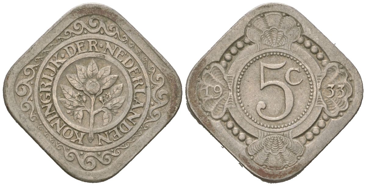 Нидерланды 5 центов 1933 Вильгельмина (1890-1948) KM 153 медно-никель 4171-226
