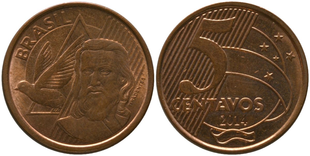 Бразилия 5 сентаво 2014 KM 648, Schon 156 сталь плакированная медью 4525-152
