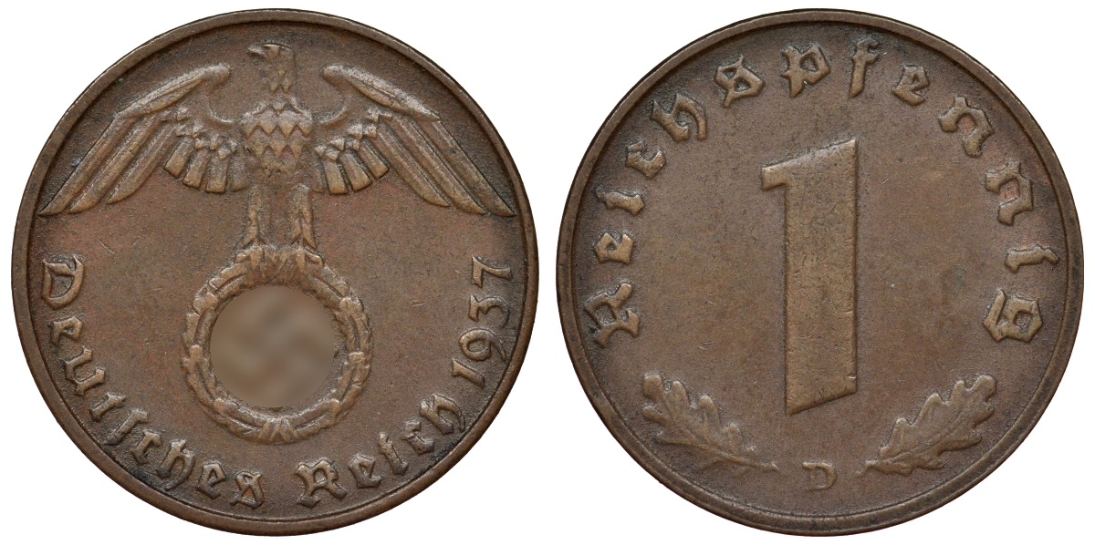 Германия 1 рейхспфенниг 1937 D KM 89, J. 361 бронза 4124-142