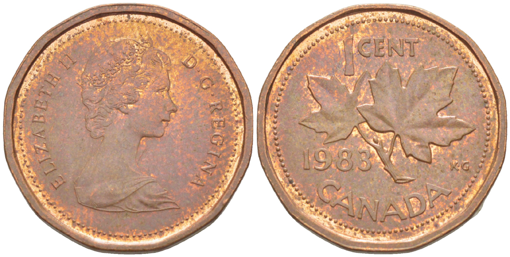 КАНАДА 1 ЦЕНТ 1983 КЛЕНОВЫЙ ЛИСТ, ЕЛИЗАВЕТА II (1953-) KM 132 бронза 4181-1266