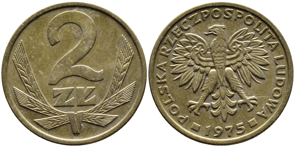 ПОЛЬША 2 ЗЛОТЫХ 1975 ЛЕНИНГРАДСКИЙ МОНДВОР KM 80.1 латунь 4391-1215