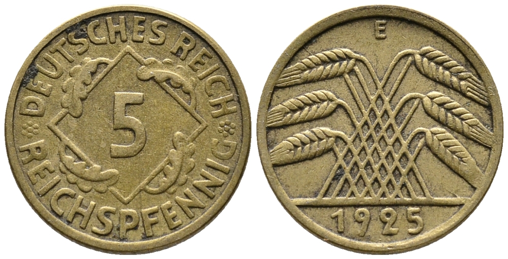 ГЕРМАНИЯ 5 РЕЙХСПФЕННИГОВ 1925 E KM 39, J. 316 алюминиевая бронза 39-556