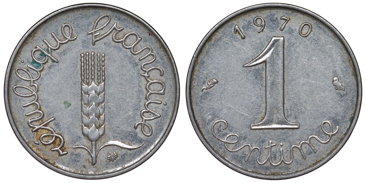 Франция 1 сантим 1970 пятая республика KM 928, Le Franc 106.19 нержавеющая сталь 4124-427