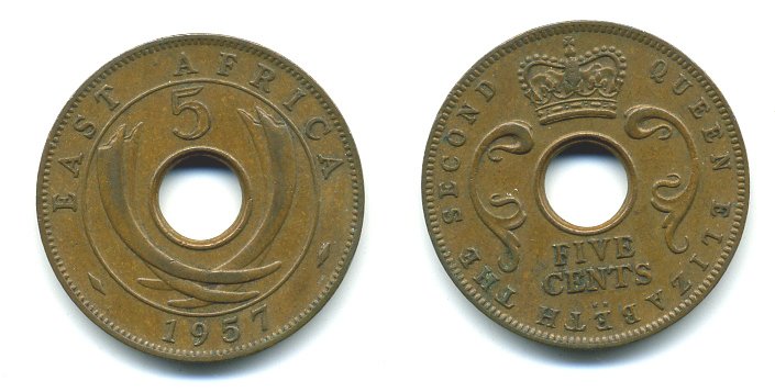 ВОСТОЧНАЯ АФРИКА 5 ЦЕНТОВ 1957 KM 37 бронза 04-447