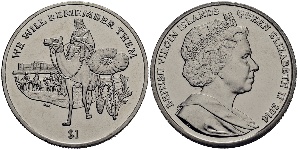 Британские Виргинские острова 1 доллар 2014 в память героев первой мировой войны, солдат верхом на верблюде KM NEW медно-никель UNC 4386-714