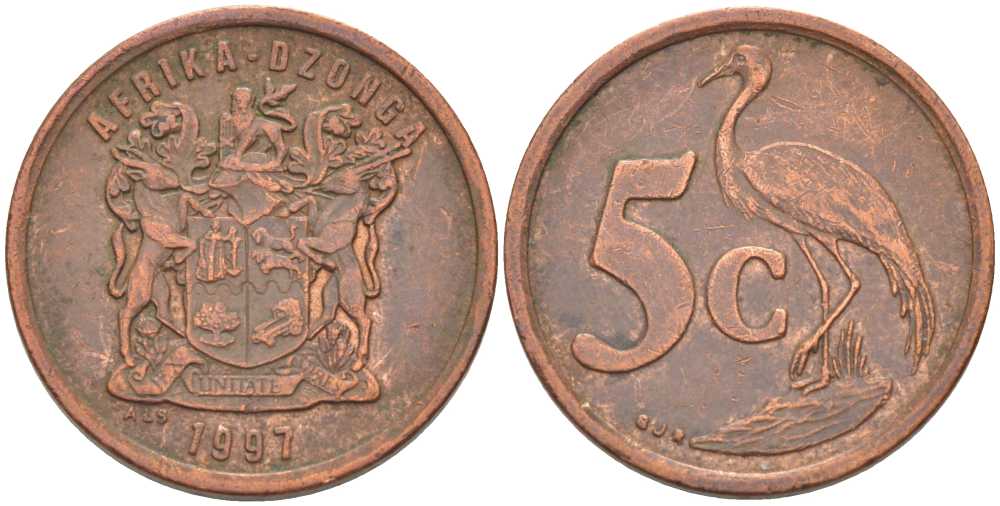 ЮАР 5 ЦЕНТОВ 1997 ГЕРБ, РАЙСКИЙ ЖУРАВЛЬ KM 160 сталь плакированная медью 51-1613