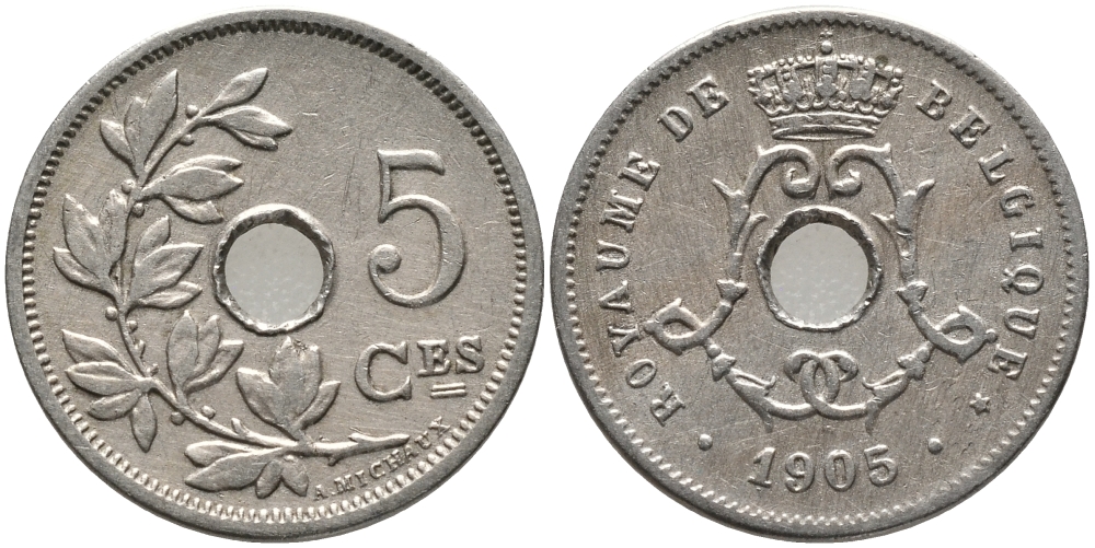 БЕЛЬГИЯ 5 САНТИМОВ 1905 BELGIQUE, A. MICHAUX KM 54 медно-никель 76-322