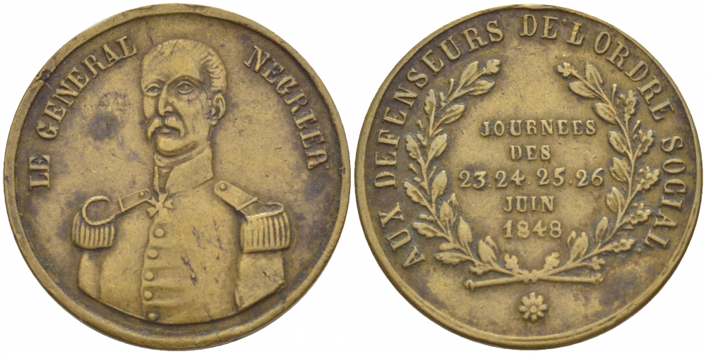 Франция медаль 1848 генерал Негрие, защитник социального порядка, дни 23, 24, 25, 26 июня 1848 года, диаметр 23 мм., вес 4,6 гр. латунь 4539-756