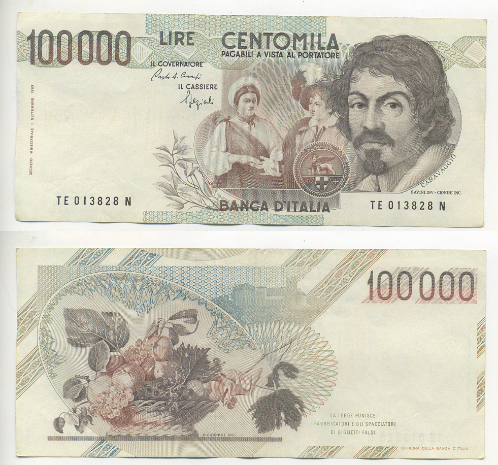 Италия 100000 лир 1983 Караваджо, фруктовый букет, подпись Speziali Pick 110b бумага 7220-25-3