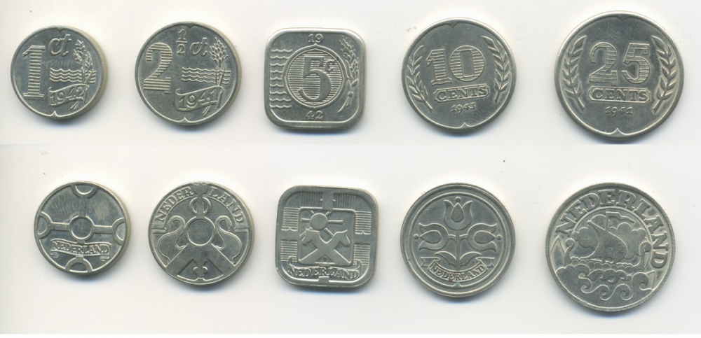 Нидерланды ЛОТ ИЗ 5 МОНЕТ 1941-1945 ВИЛЬГЕЛЬМИНА РЕПЛИКА, Herinneringsserie 1940-1945 медно-никель UNC N5-71