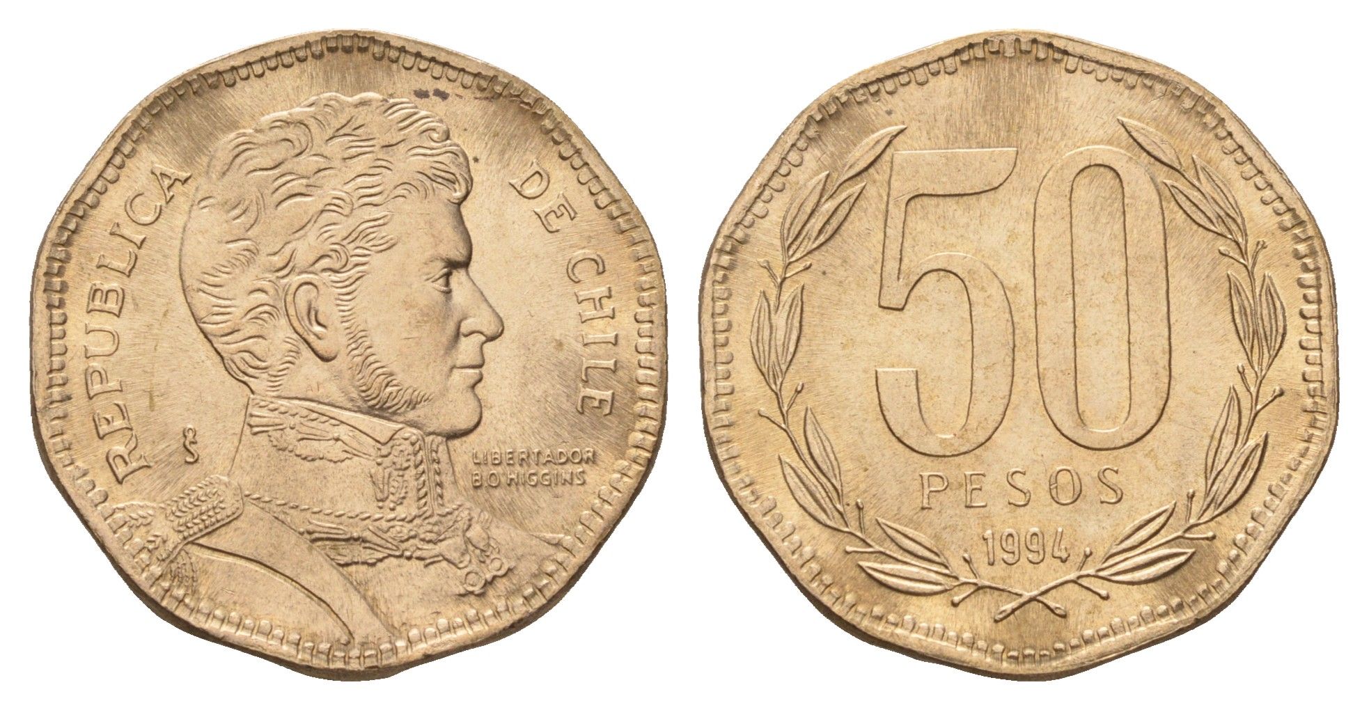 Чили 50 песо 1994 KM 219 алюминиевая бронза UNC 4141-156