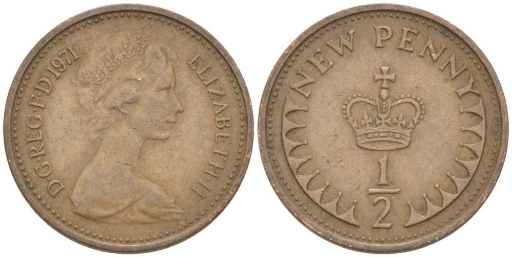 Великобритания 1/2 пенни 1971 Елизавета II (1952-2022) KM 914, Spink 4239 бронза 4392-1149